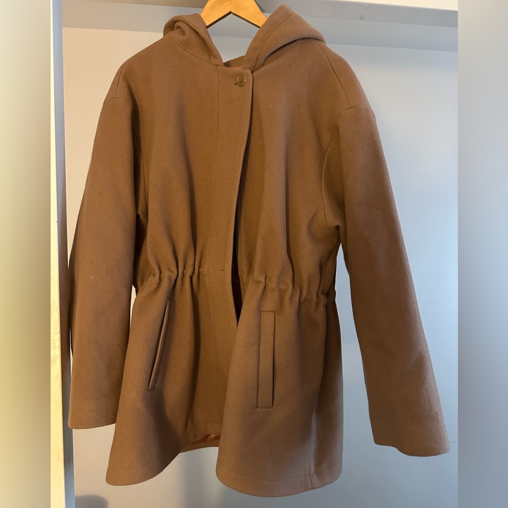 J.Percy Coat Womens Large Camel Parka Cinch Waist 100% Merino Wool Hood Capsule